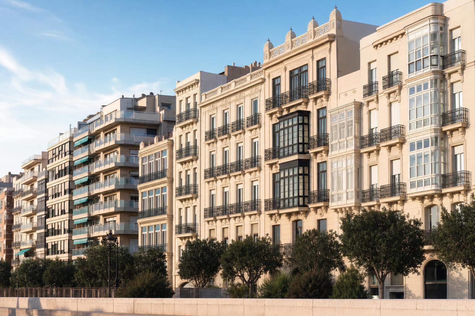 Fila de edificios de viviendas rehabilitados en una calle de Valencia