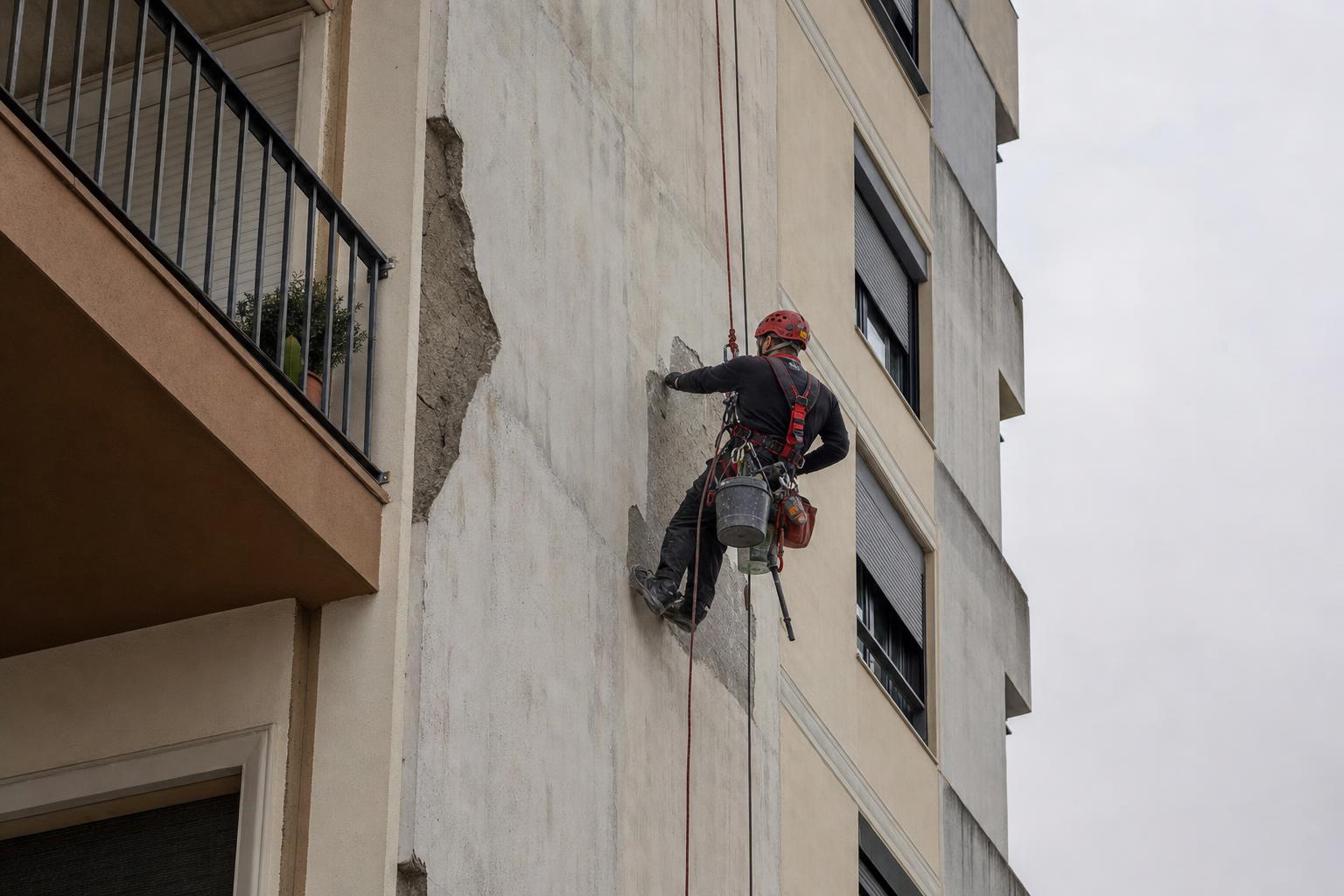 Técnico de acceso por cuerda descendiendo por la fachada de un edificio para repararla, sin andamios
