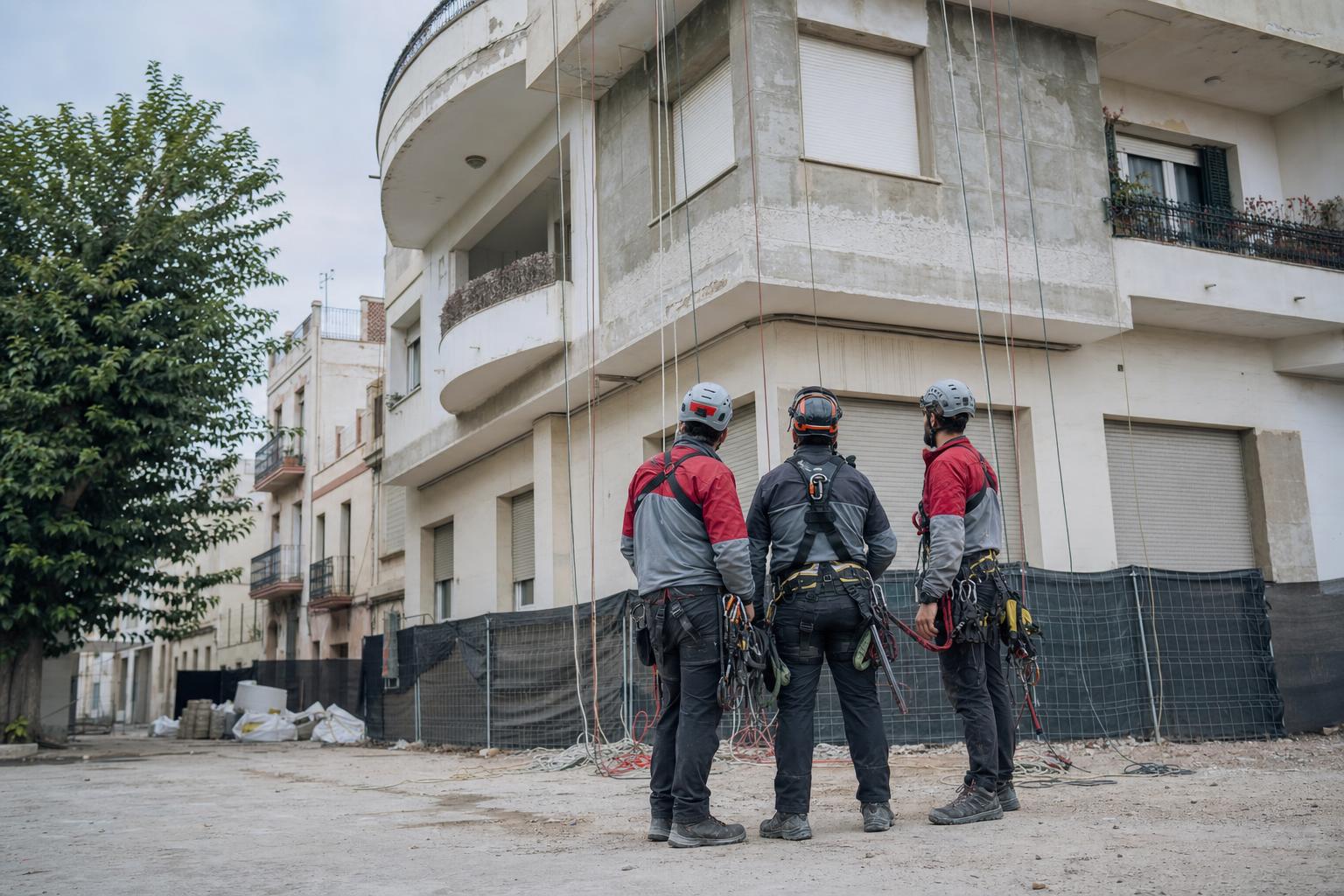 Equipo de técnicos de acceso por cuerda de Revalta frente a un edificio en rehabilitación