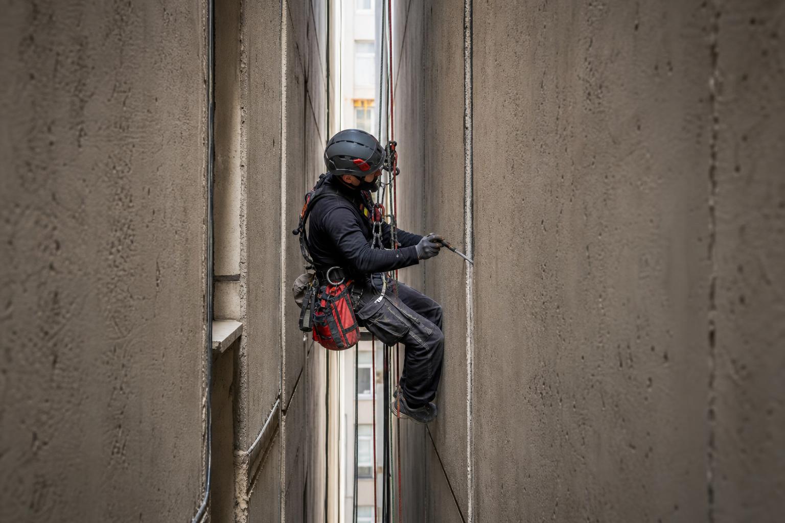 Técnico de acceso por cuerda trabajando en un hueco muy estrecho entre dos edificios