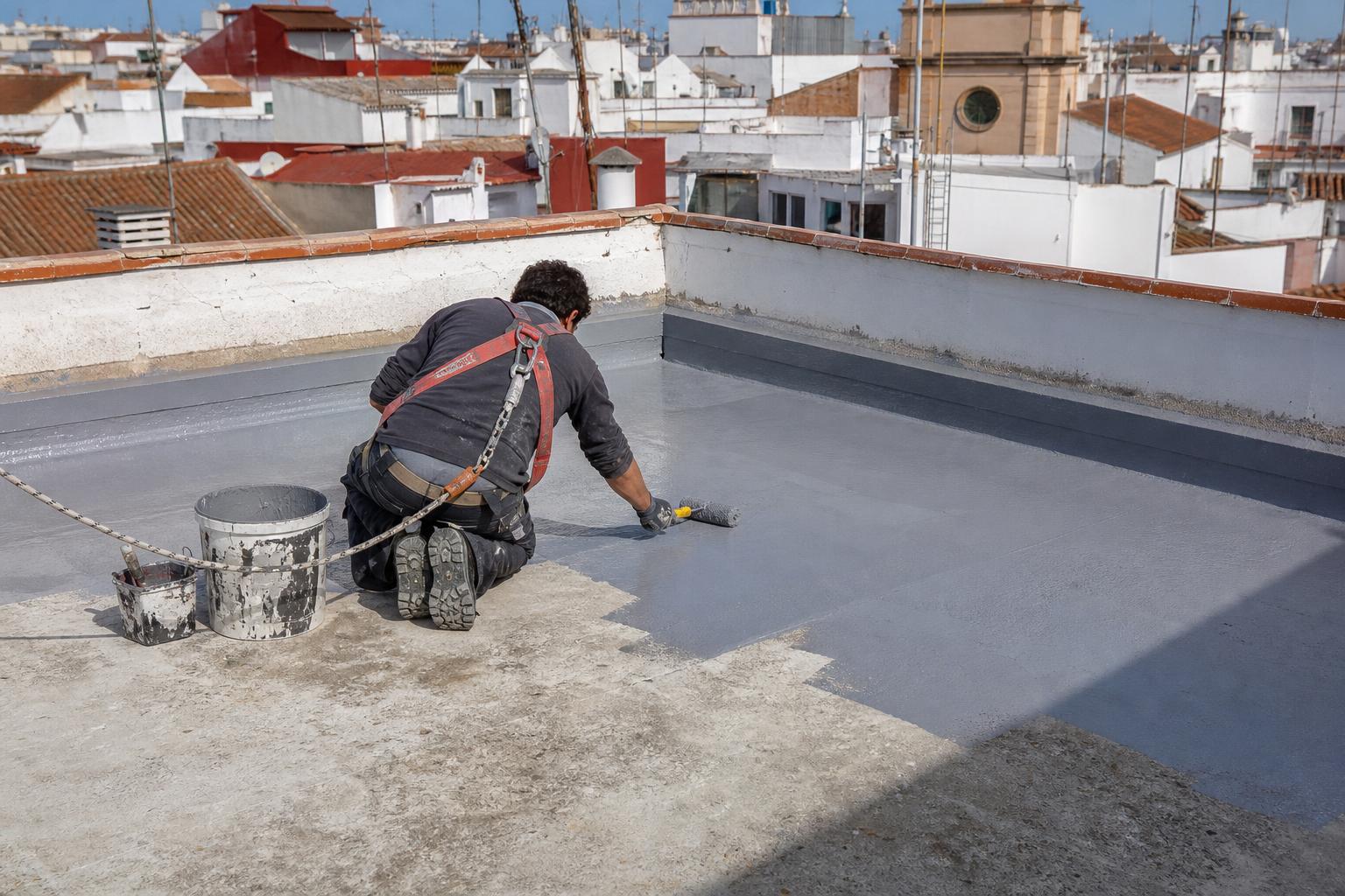 Operario aplicando membrana líquida impermeabilizante con rodillo en una azotea