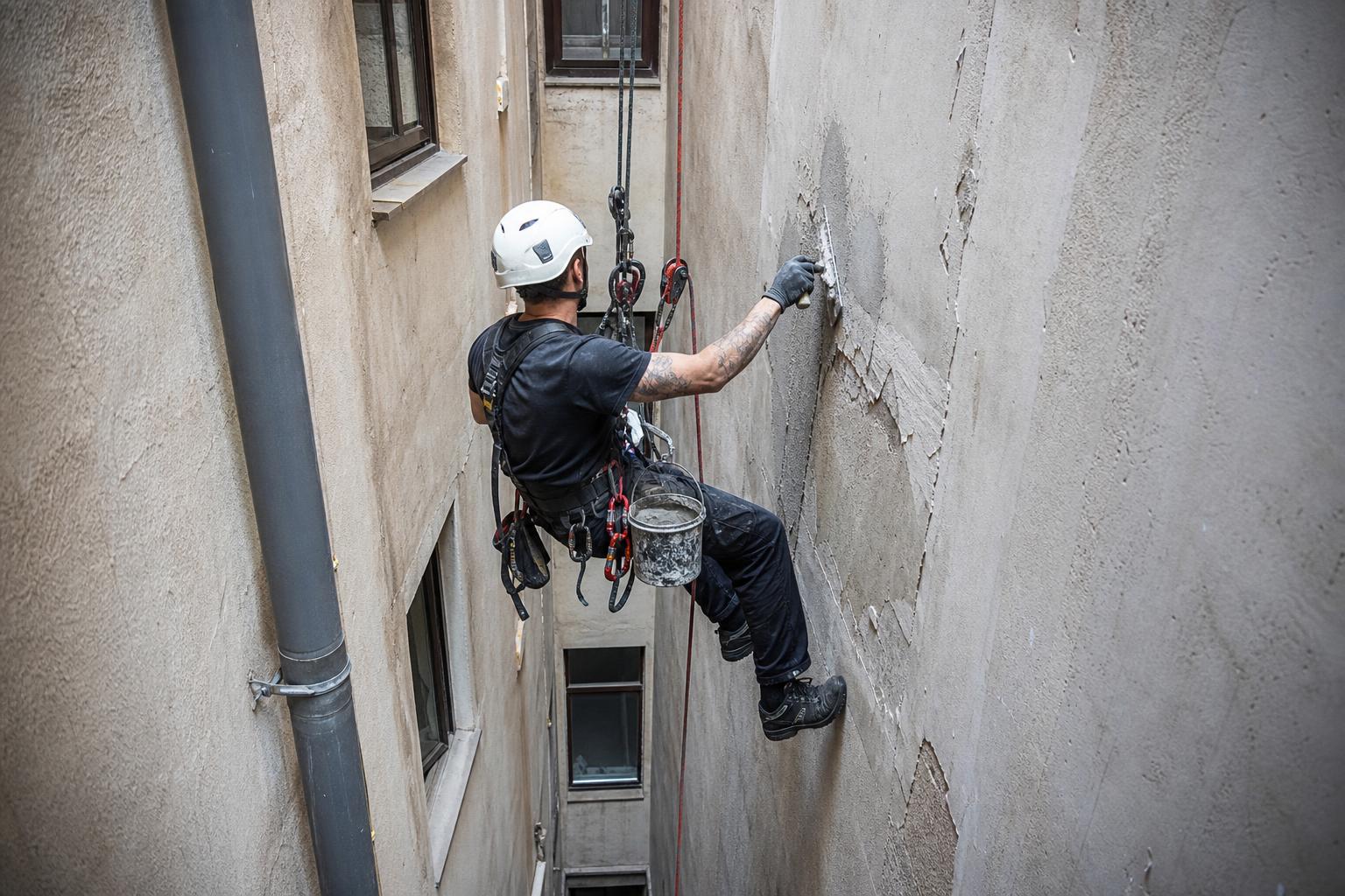 Técnico trabajando por cuerda en un patio de luces interior estrecho reparando el revoco